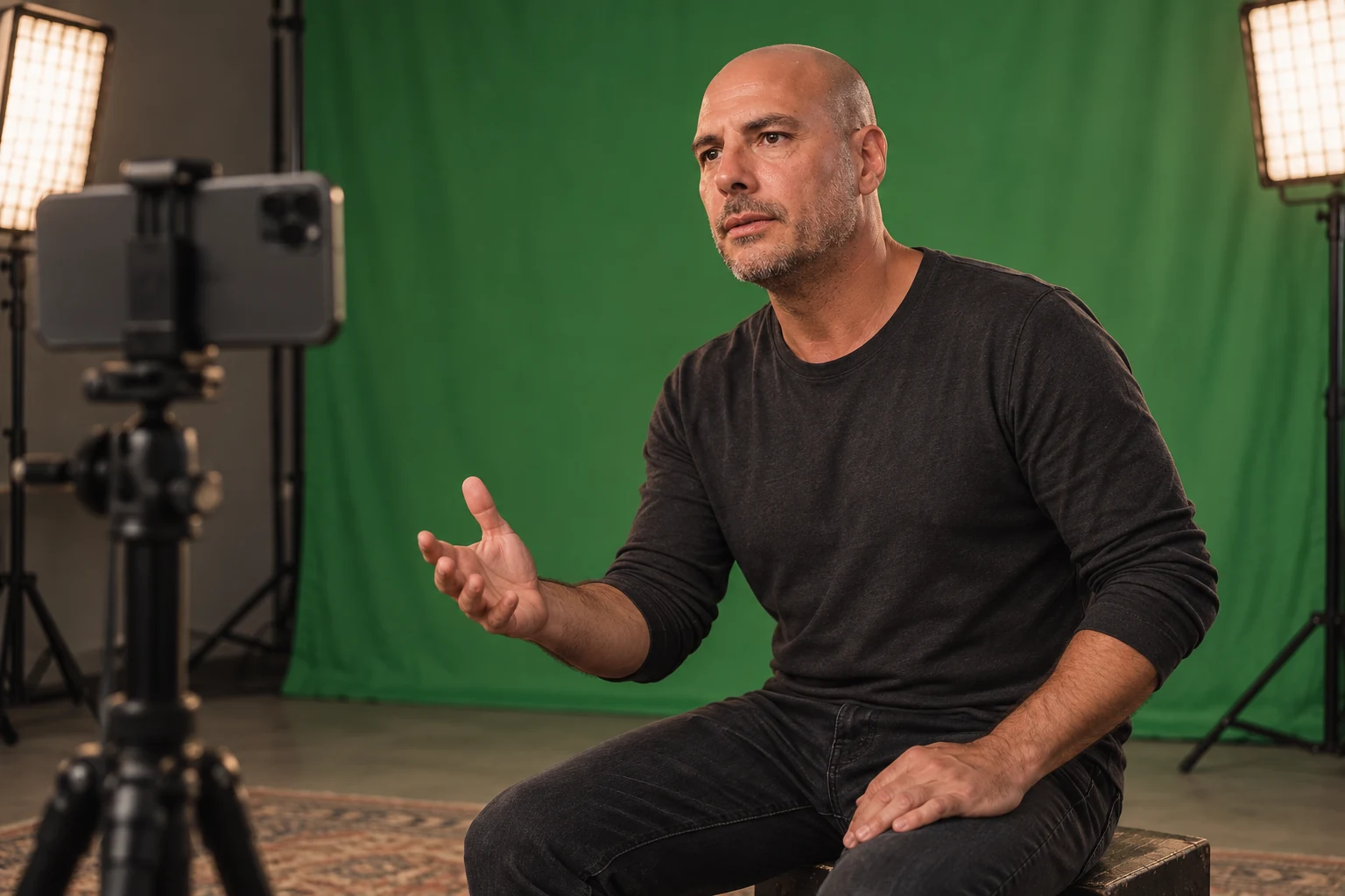 Prova di recitazione davanti a un green screen con telefono e luci
